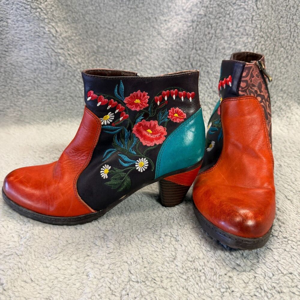 Socofy Leather Boots Womens 39 Floral US 8-8.5 Bohemian Embroidered Block Heal